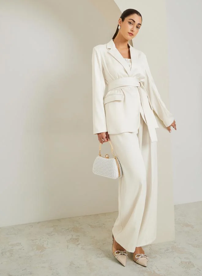 Women Off White Regular Fit Belted Blazer
